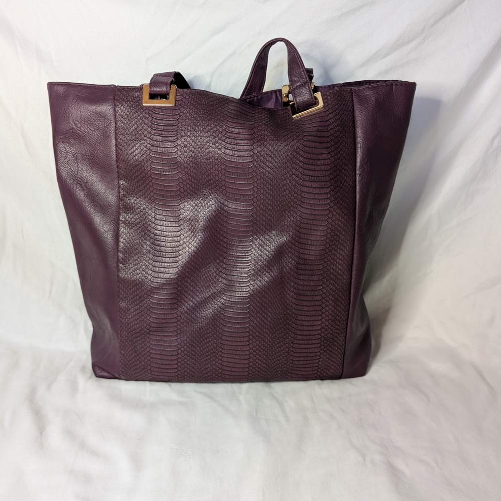 Deep Plum Textured Tote Bag with Gold Hardware
